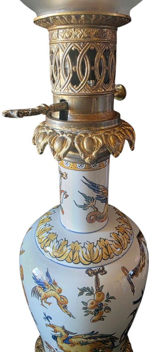  Paire lampes pétrole faïence Gien & bronze doré Style Renaissance XIXᵉ 4 faces-photo-3