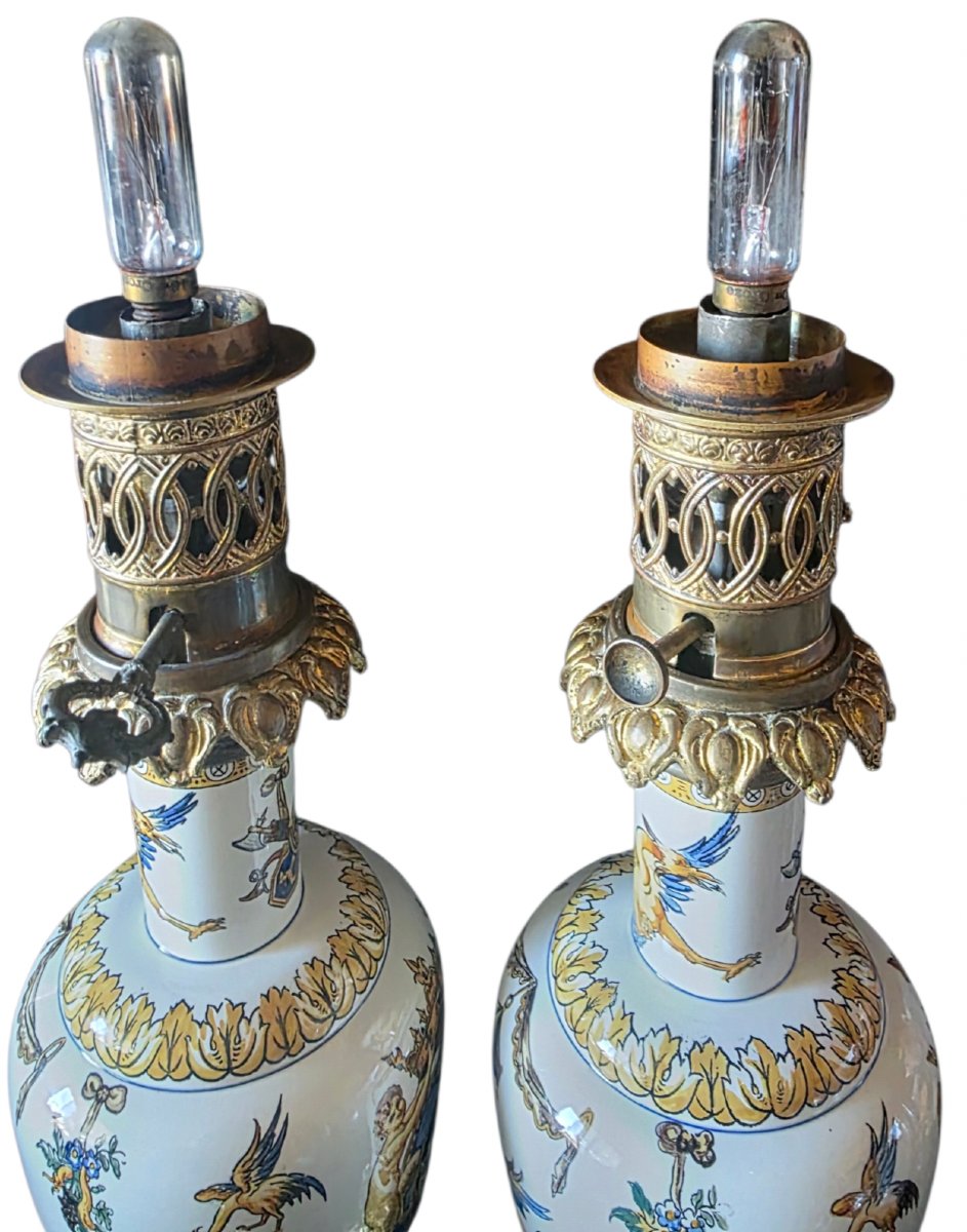  Paire lampes pétrole faïence Gien & bronze doré Style Renaissance XIXᵉ 4 faces-photo-4