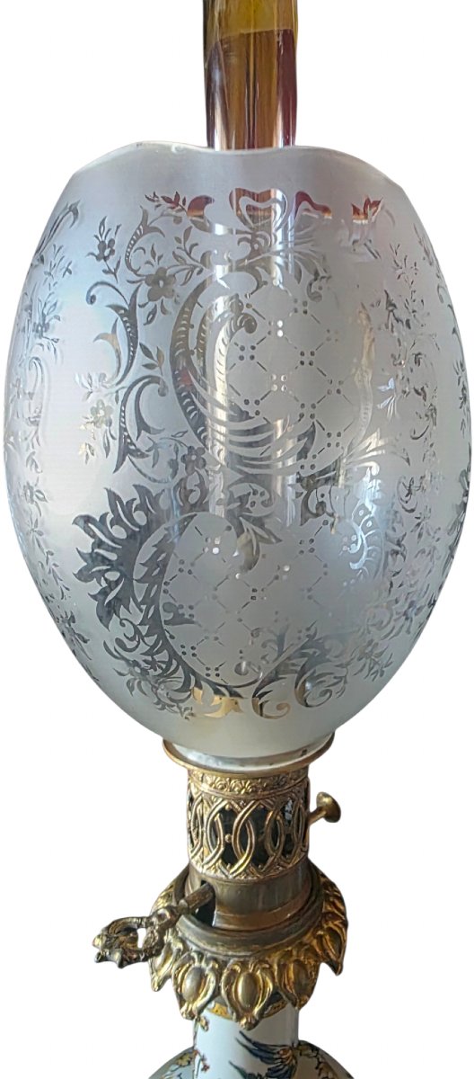  Paire lampes pétrole faïence Gien & bronze doré Style Renaissance XIXᵉ 4 faces-photo-2