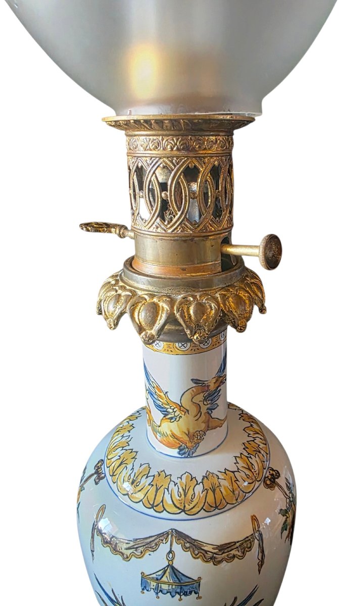  Paire lampes pétrole faïence Gien & bronze doré Style Renaissance XIXᵉ 4 faces-photo-4