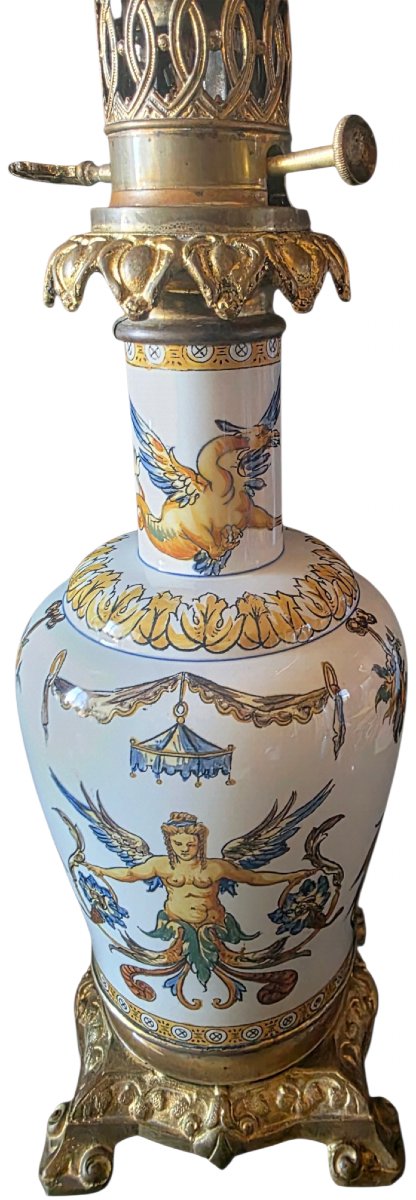  Paire lampes pétrole faïence Gien & bronze doré Style Renaissance XIXᵉ 4 faces-photo-5