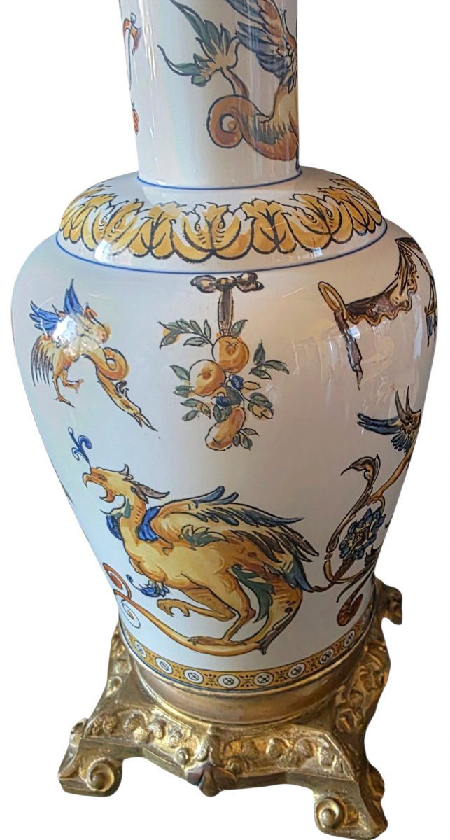  Paire lampes pétrole faïence Gien & bronze doré Style Renaissance XIXᵉ 4 faces-photo-6