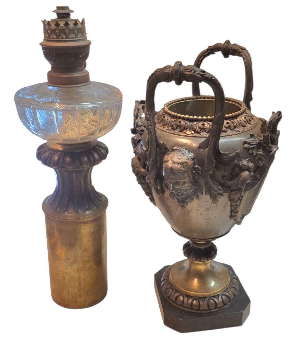  Importante lampe à pétrole Napoléon III Bronze patiné médaille marbre & cristal -photo-3