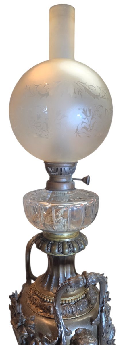  Importante lampe à pétrole Napoléon III Bronze patiné médaille marbre & cristal -photo-4
