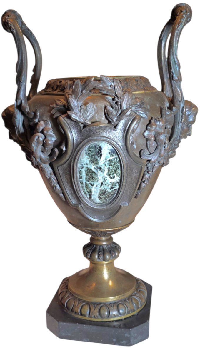  Importante lampe à pétrole Napoléon III Bronze patiné médaille marbre & cristal -photo-1
