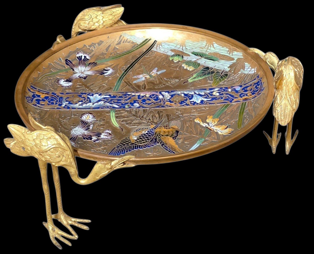 Large Gilded Bronze Bowl With Cloisonné Enamel, Maison Alphonse Giroux, Japonism, 19th Century 