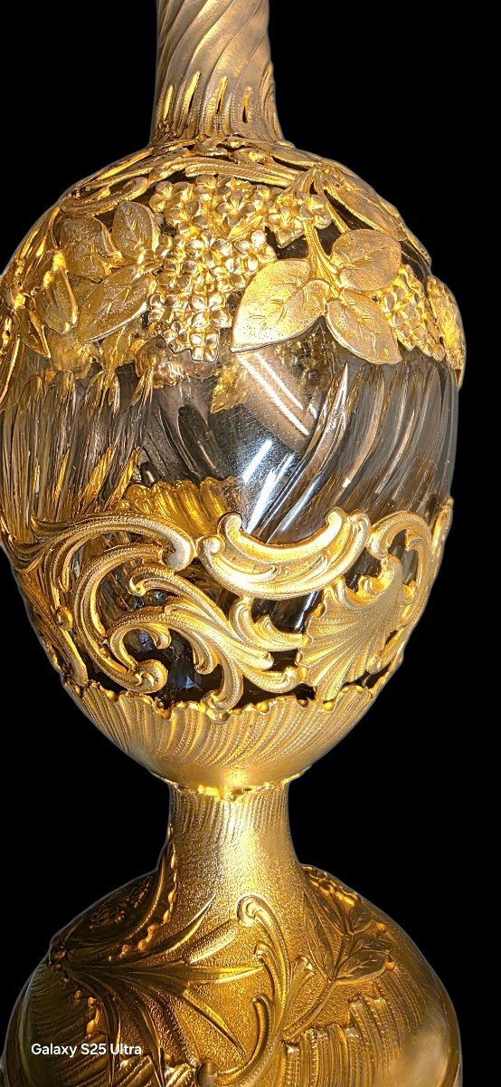  Large Hanau Silversmiths' Decanter; Twisted Glass Decanter With Openwork Vermeil Mount; Late 19th Century -photo-2