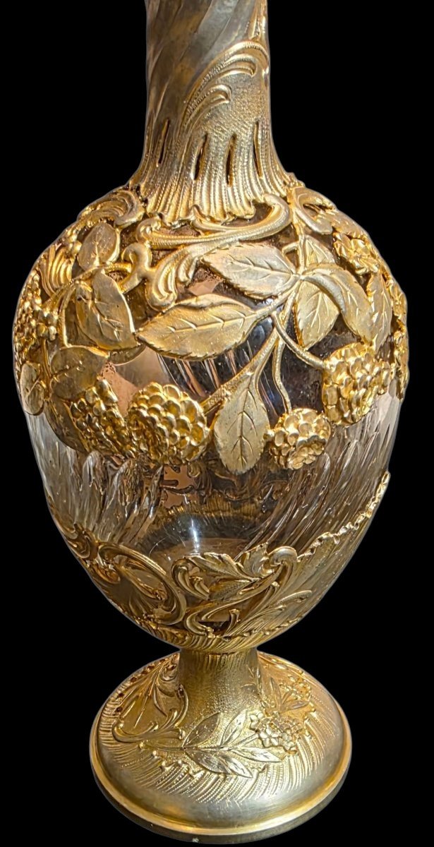  Large Hanau Silversmiths' Decanter; Twisted Glass Decanter With Openwork Vermeil Mount; Late 19th Century -photo-3