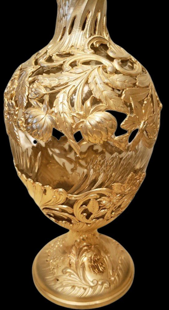  Large Hanau Silversmiths' Decanter; Twisted Glass Decanter With Openwork Vermeil Mount; Late 19th Century -photo-4