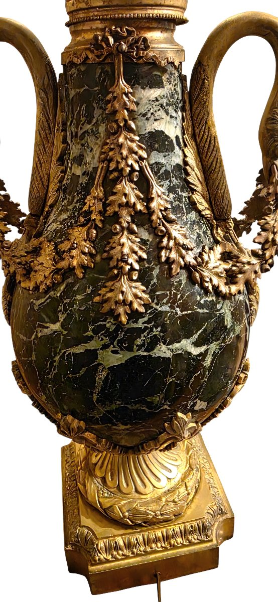  19th-century Napoleon III-style Bowl-shaped Lamp Base  Green Marble And Gilded Bronze, H 47 Cm, 15 Kg -photo-2