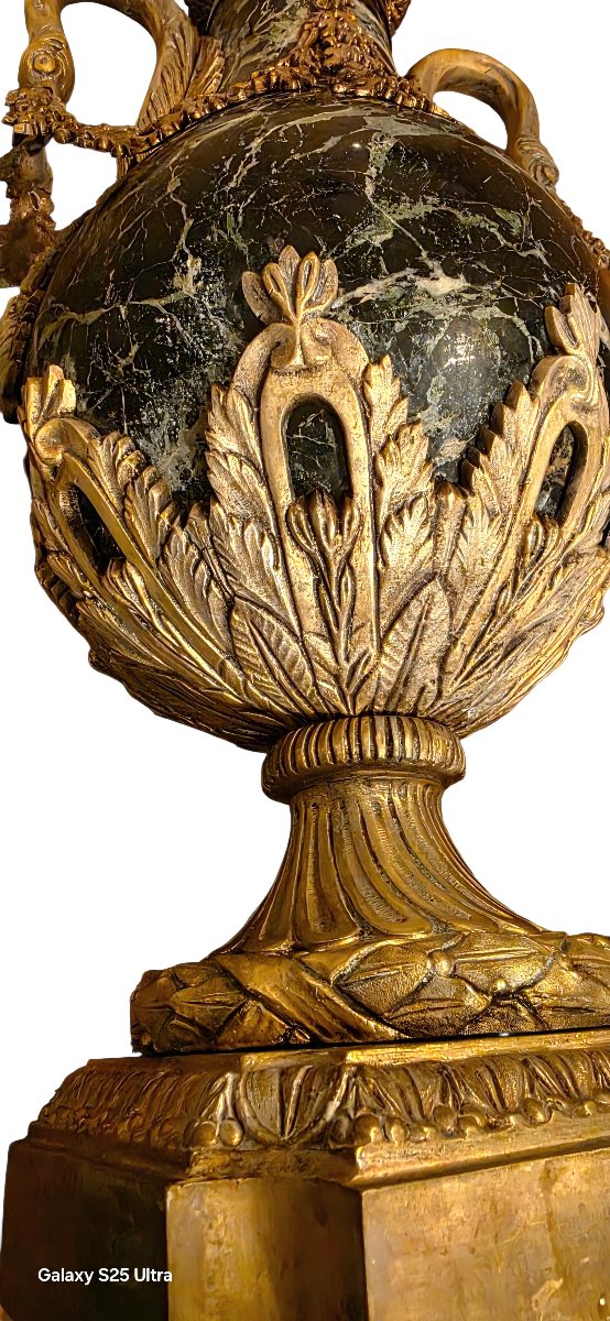  19th-century Napoleon III-style Bowl-shaped Lamp Base  Green Marble And Gilded Bronze, H 47 Cm, 15 Kg -photo-3