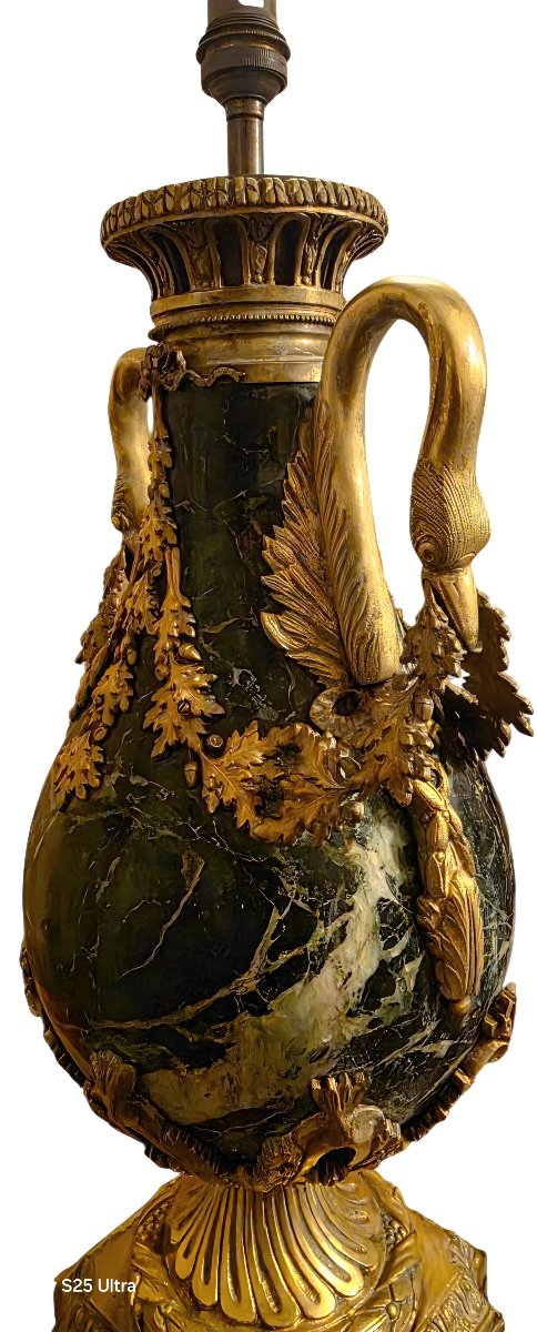  19th-century Napoleon III-style Bowl-shaped Lamp Base  Green Marble And Gilded Bronze, H 47 Cm, 15 Kg -photo-4