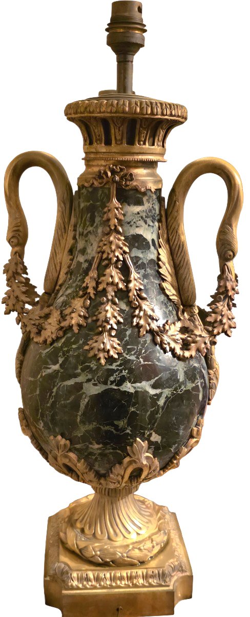  19th-century Napoleon III-style Bowl-shaped Lamp Base  Green Marble And Gilded Bronze, H 47 Cm, 15 Kg 