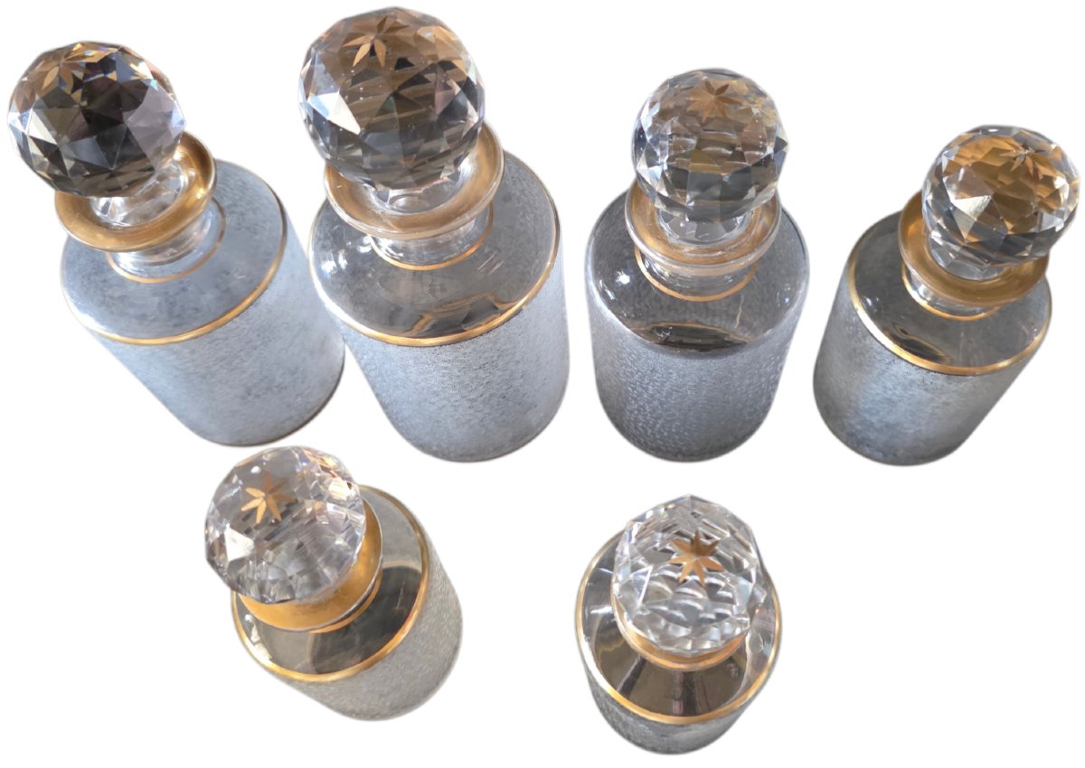 Baccarat Crystal Toilet Set With Engraving And Gold Plating; 7 Numbered Perfume Bottles  -photo-7