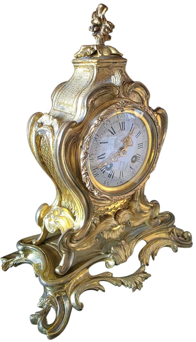 A Very Beautiful Louis XV Rocaille Table Clock, Gilded Bronze, Samuel Marti Movement, 1889, 19th Century  
