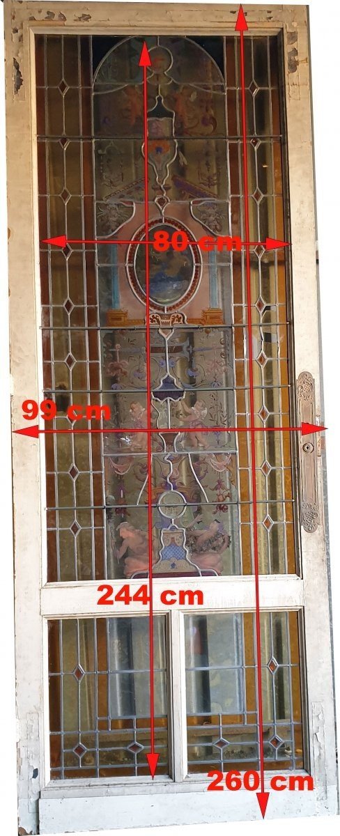 Grand vitrail de porte d'époque XIXe Décor mythologique VENVS Exceptionnel et grand panneau -photo-2