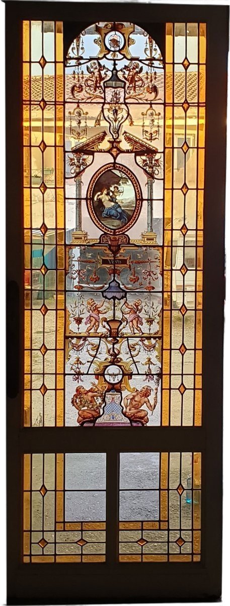Grand vitrail de porte d'époque XIXe Décor mythologique VENVS Exceptionnel et grand panneau -photo-3