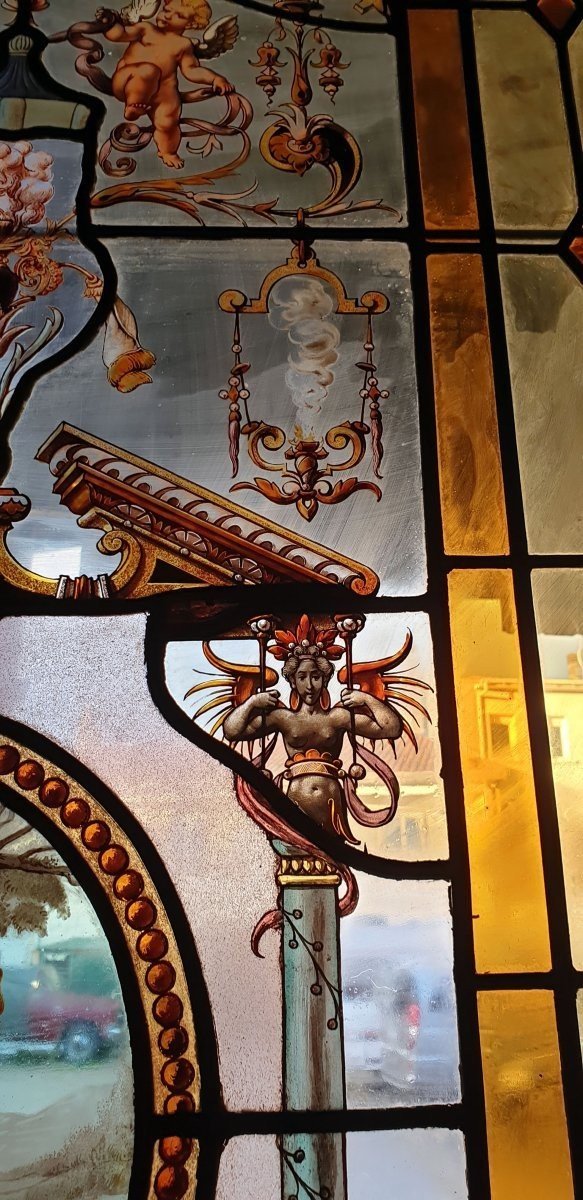 Grand vitrail de porte d'époque XIXe Décor mythologique VENVS Exceptionnel et grand panneau -photo-1