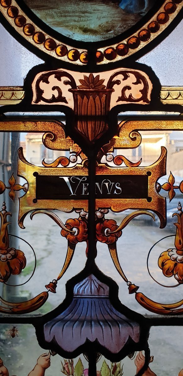 Grand vitrail de porte d'époque XIXe Décor mythologique VENVS Exceptionnel et grand panneau -photo-5