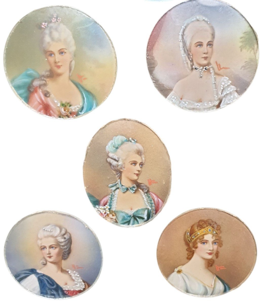  Set Of 5 Antique Miniatures On Paper: Portraits Of Women In The 18th-century Style, Signed  -photo-2