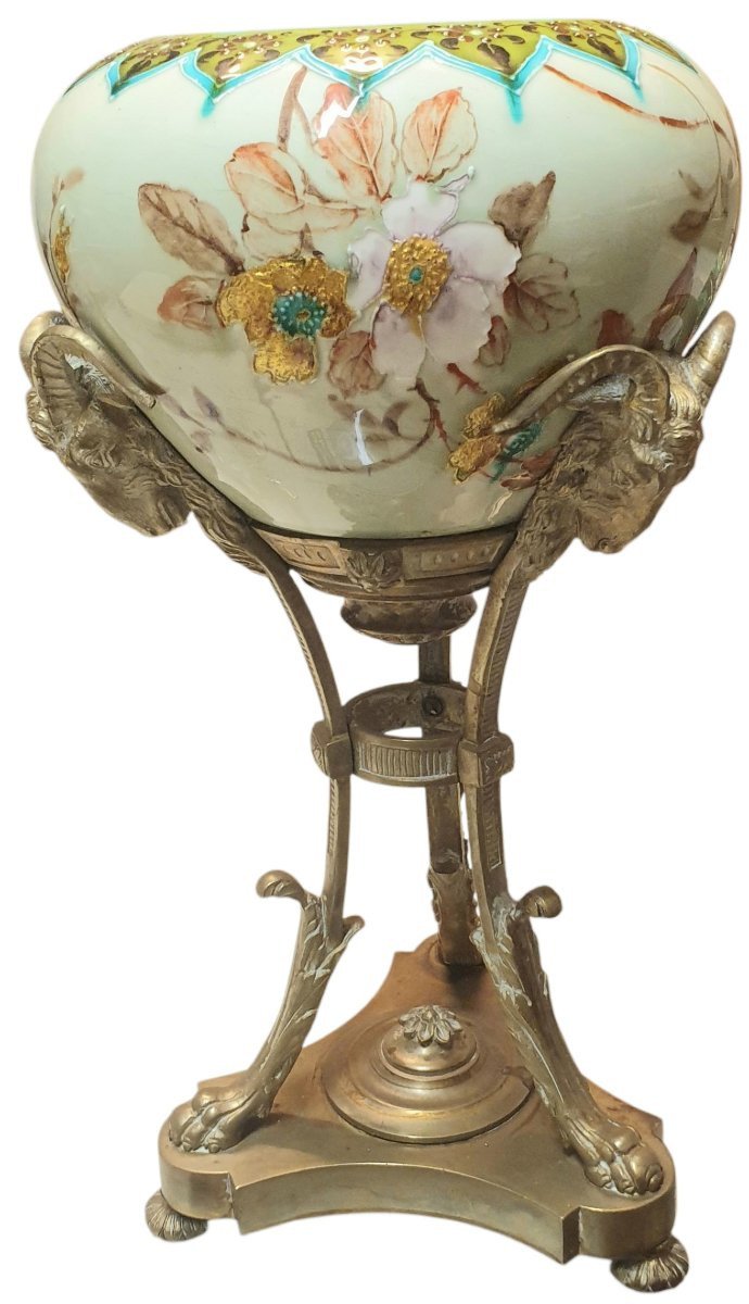  Rare lampe à pétrole de style Louis XVI  Napoléon III en faïence de Gien à décor d'émaux -photo-2