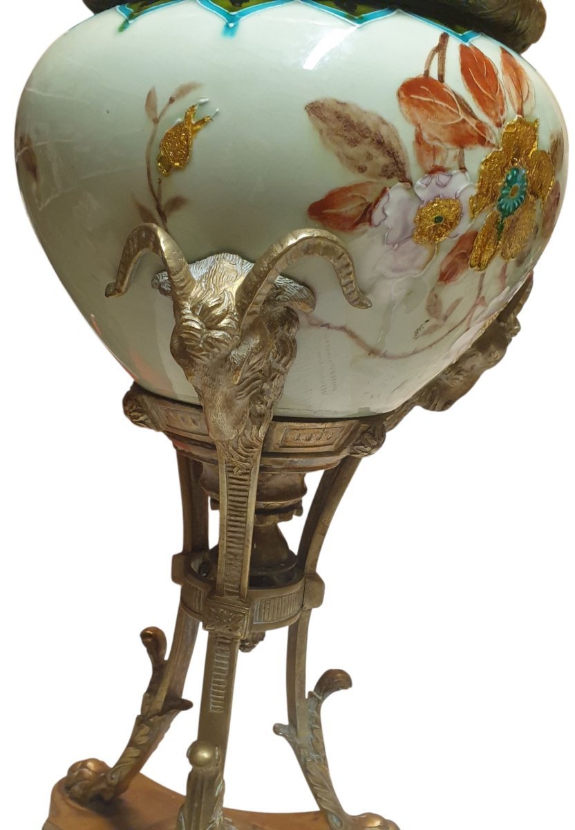 Rare lampe à pétrole de style Louis XVI  Napoléon III en faïence de Gien à décor d'émaux -photo-4