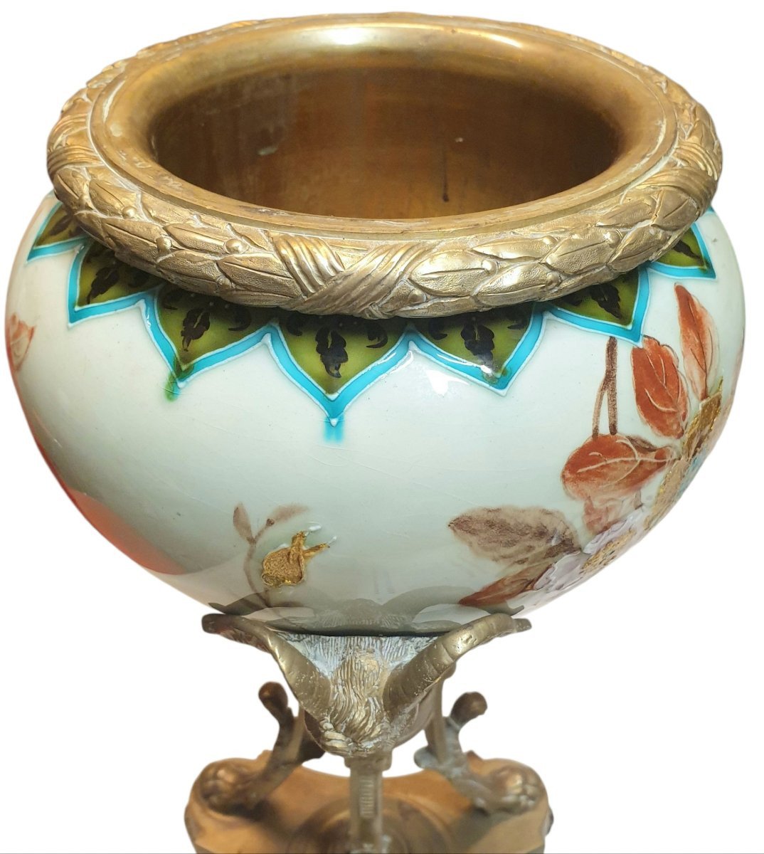  Rare lampe à pétrole de style Louis XVI  Napoléon III en faïence de Gien à décor d'émaux -photo-3