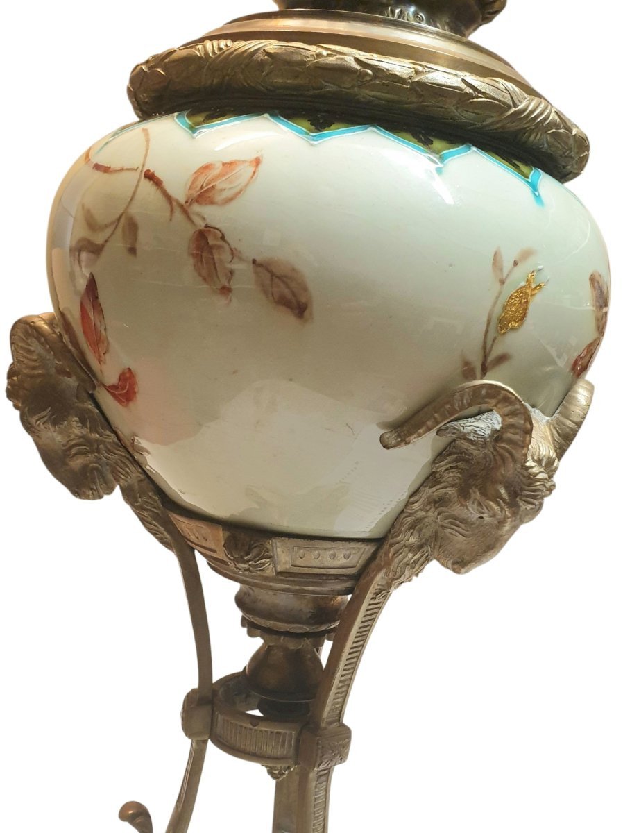  Rare lampe à pétrole de style Louis XVI  Napoléon III en faïence de Gien à décor d'émaux -photo-4