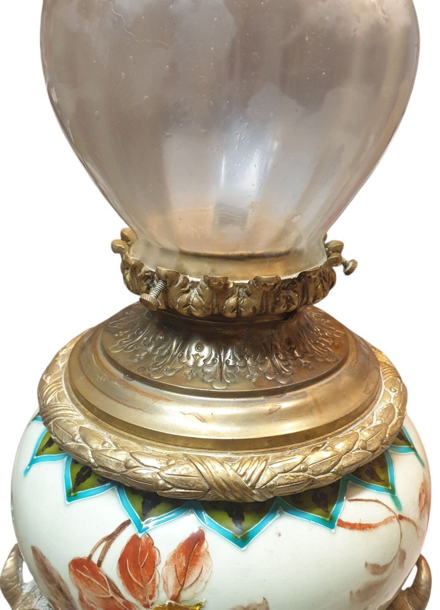  Rare lampe à pétrole de style Louis XVI  Napoléon III en faïence de Gien à décor d'émaux -photo-6