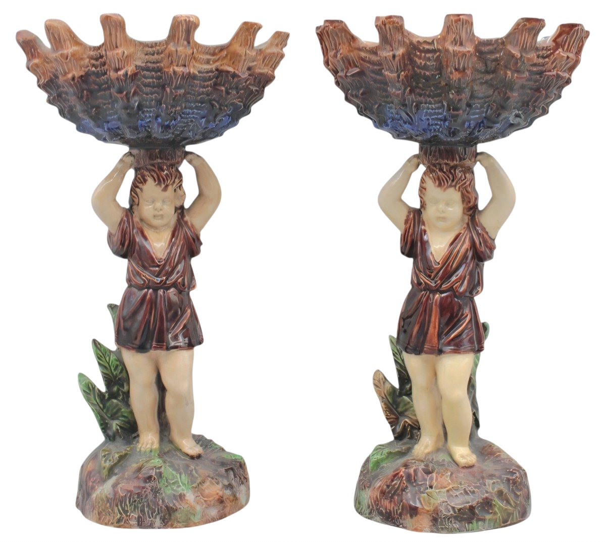  Pair Of 19th-century Thomas-victor Sergent Barbotine Bowls, Palissy Style H, 28 Cm 