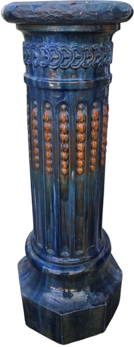  Glazed Ceramic Pedestal Column, H 110 Cm, In The Style Of Jérôme Massier 