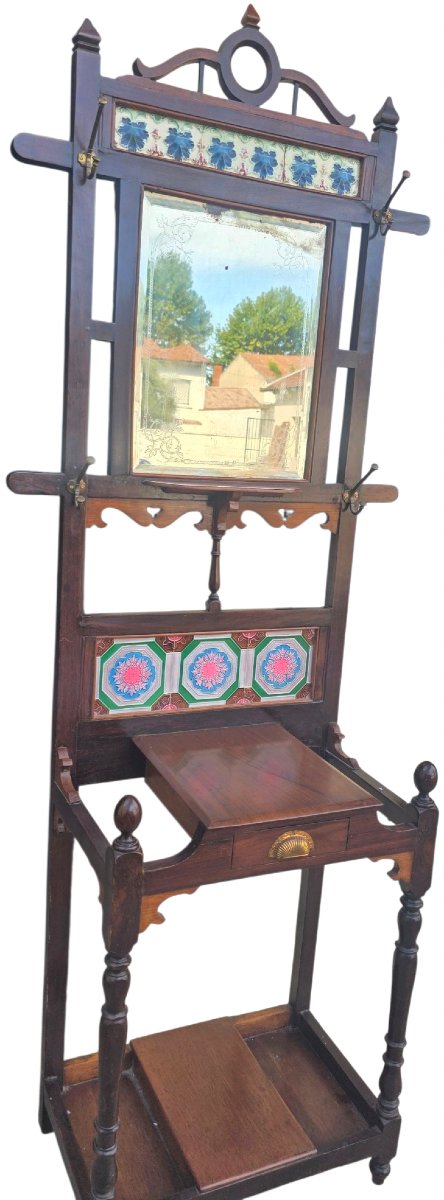 Meuble d'entrée ancien en bois massif Miroir tiroir & carreaux en faïence Art Nouveau  -photo-2