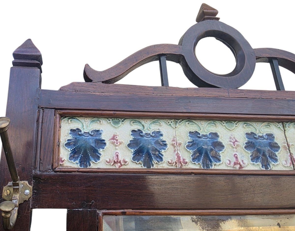  Meuble d'entrée ancien en bois massif Miroir tiroir & carreaux en faïence Art Nouveau  -photo-1