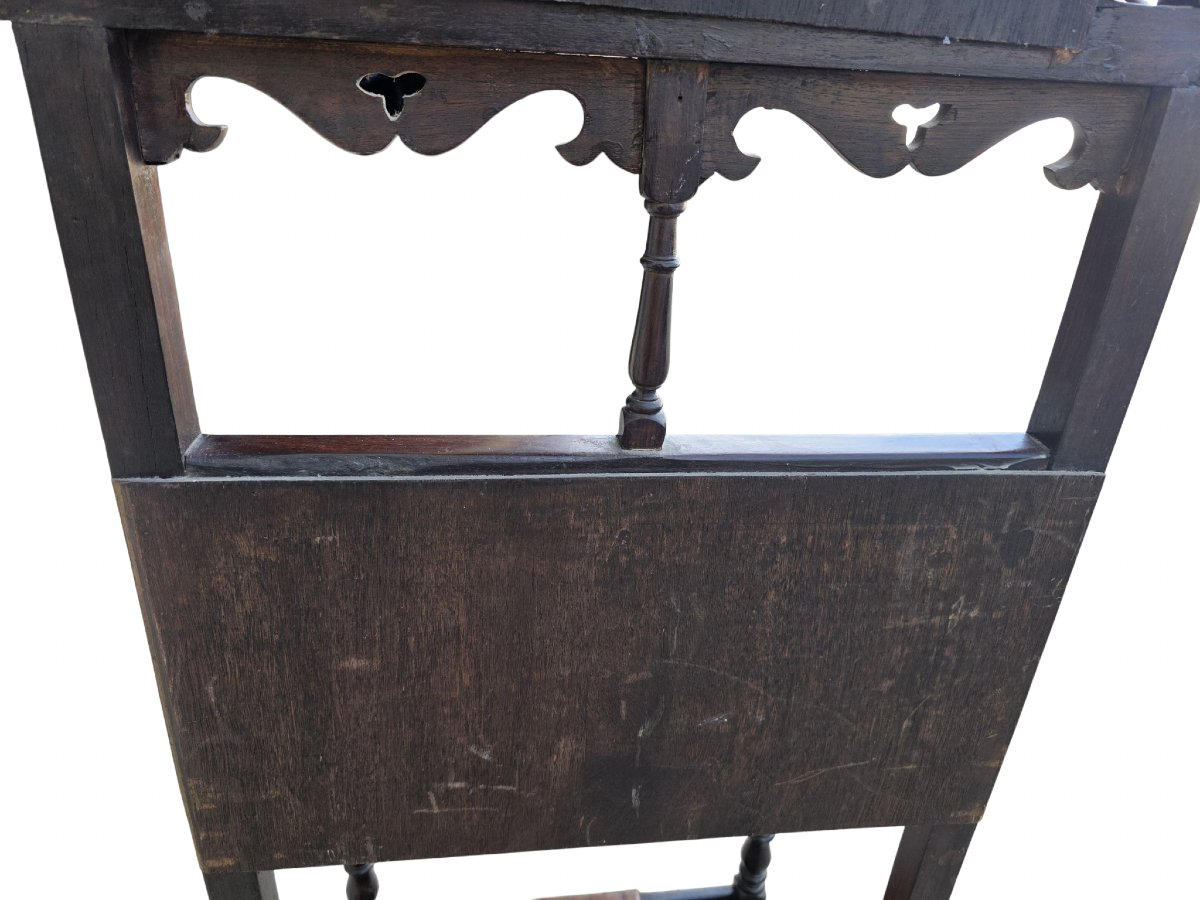  Meuble d'entrée ancien en bois massif Miroir tiroir & carreaux en faïence Art Nouveau  -photo-4