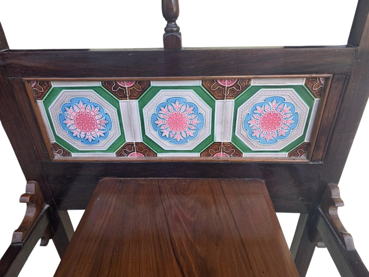  Meuble d'entrée ancien en bois massif Miroir tiroir & carreaux en faïence Art Nouveau  -photo-5