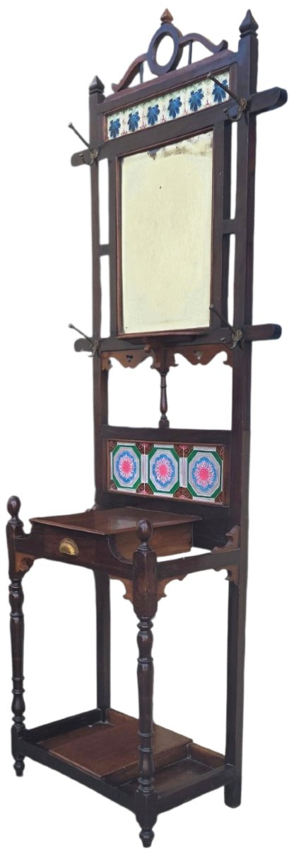  Meuble d'entrée ancien en bois massif Miroir tiroir & carreaux en faïence Art Nouveau  