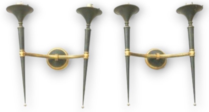  Pair Of Neoclassical-style Wall Sconces  Maison Jansen, Patinated Bronze  A Stunning Pair -photo-1