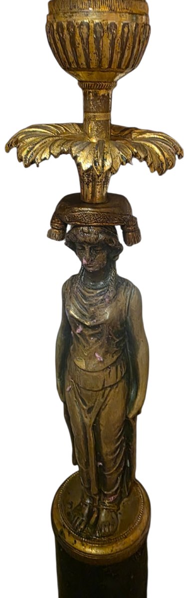 Paire de flambeaux bougeoirs Époque Empire en bronze et marbre noir XIXe siècle -photo-2
