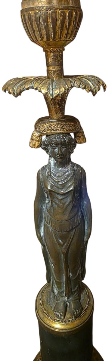 Paire de flambeaux bougeoirs Époque Empire en bronze et marbre noir XIXe siècle -photo-3