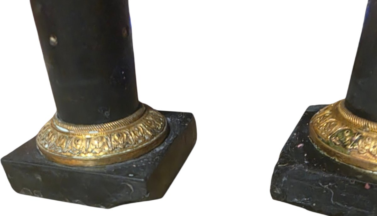 Paire de flambeaux bougeoirs Époque Empire en bronze et marbre noir XIXe siècle -photo-4