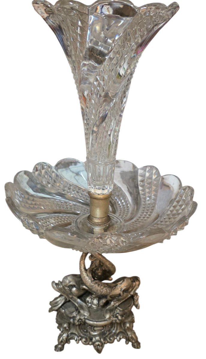  Surtout de table en cristal de Baccarat bronze argenté aux dauphins XIXe Superbe état -photo-1