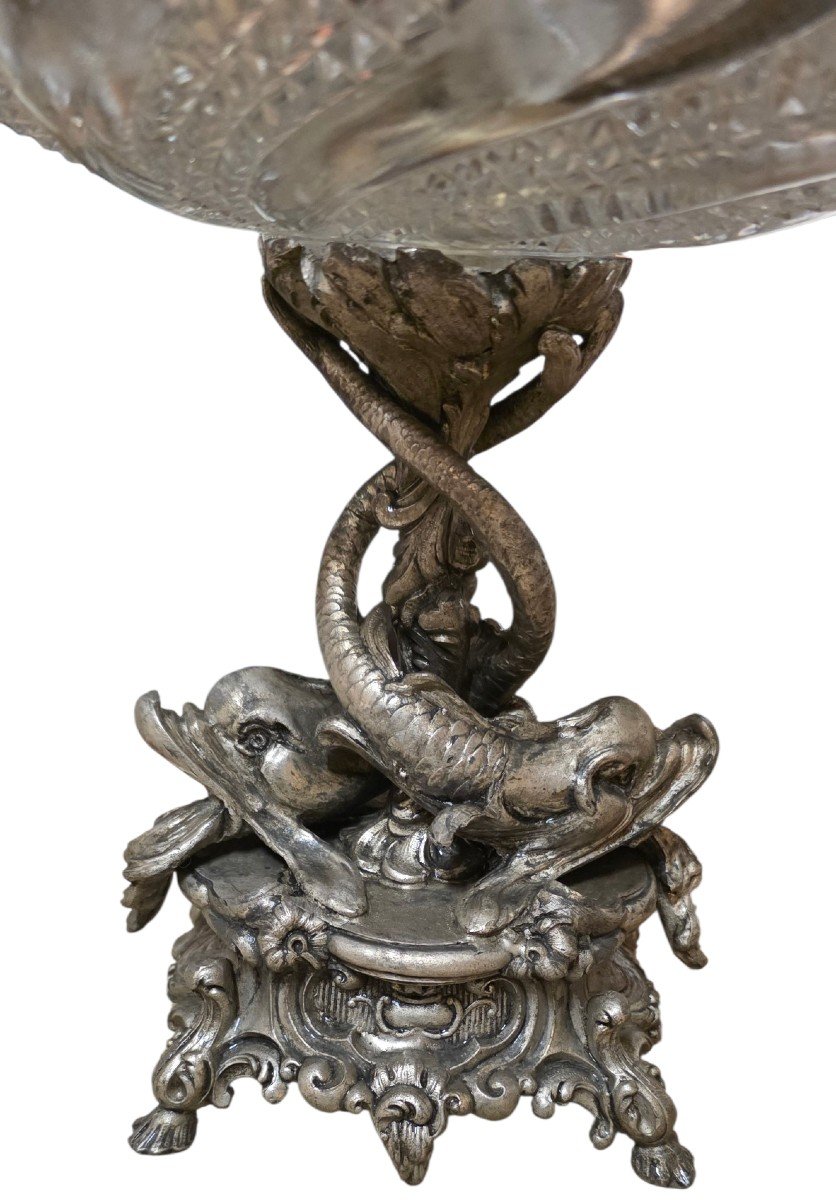  Surtout de table en cristal de Baccarat bronze argenté aux dauphins XIXe Superbe état -photo-2
