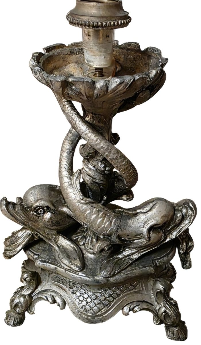  Surtout de table en cristal de Baccarat bronze argenté aux dauphins XIXe Superbe état -photo-3