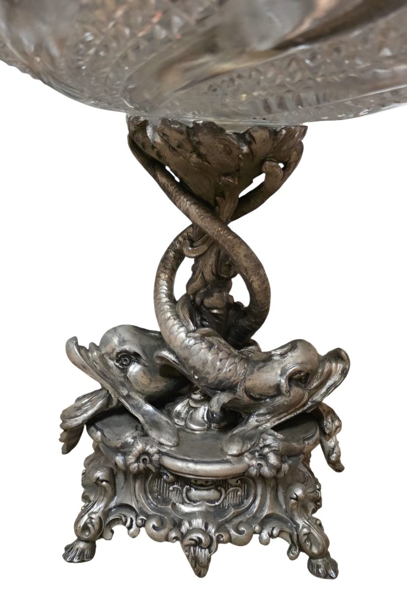  Surtout de table en cristal de Baccarat bronze argenté aux dauphins XIXe Superbe état -photo-5