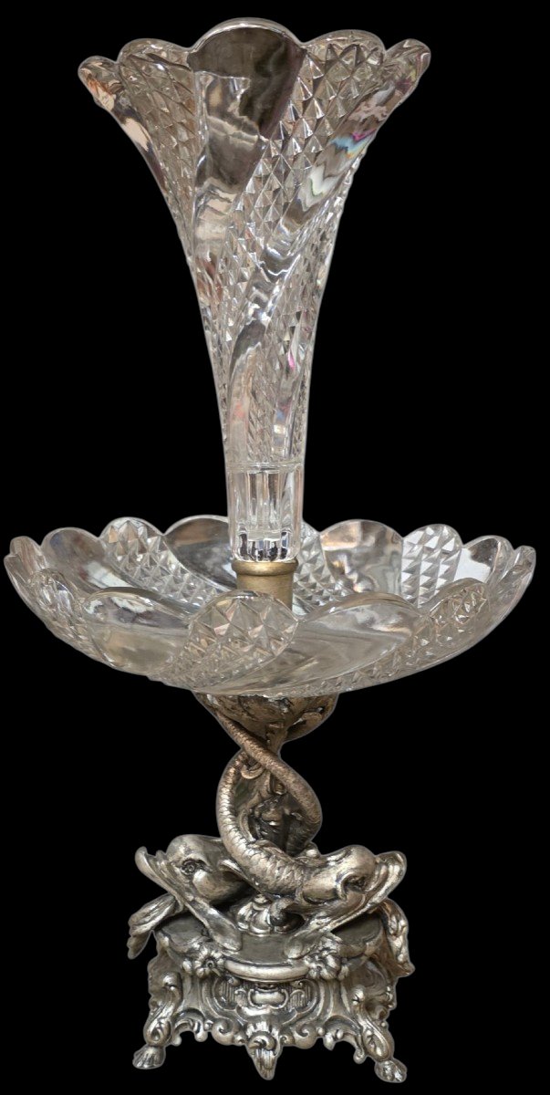  Surtout de table en cristal de Baccarat bronze argenté aux dauphins XIXe Superbe état 