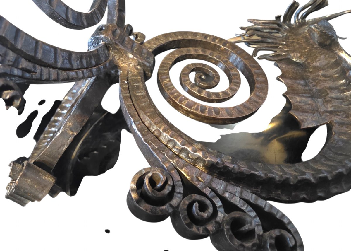 Edgar Brandt Art Deco Hammered Wrought Iron Centerpiece With Seahorses-photo-1