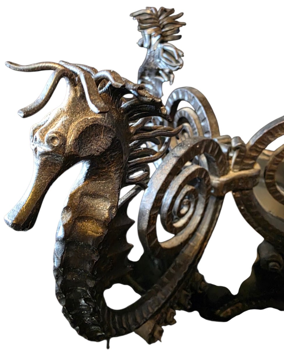 Edgar Brandt Art Deco Hammered Wrought Iron Centerpiece With Seahorses-photo-4