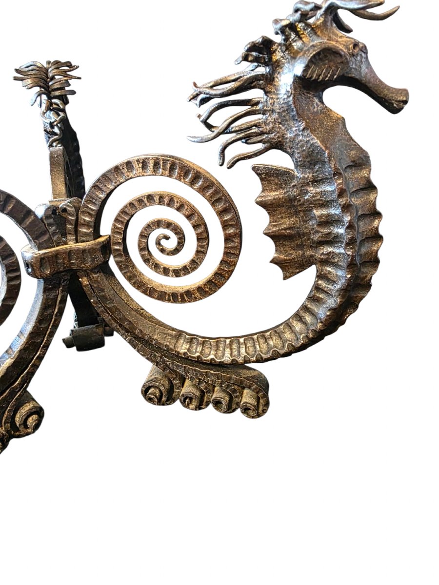 Edgar Brandt Art Deco Hammered Wrought Iron Centerpiece With Seahorses-photo-6