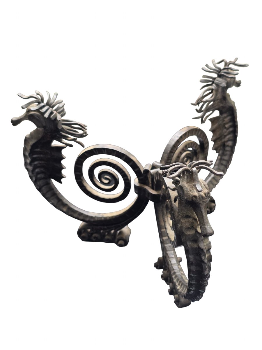 Edgar Brandt Art Deco Hammered Wrought Iron Centerpiece With Seahorses-photo-7