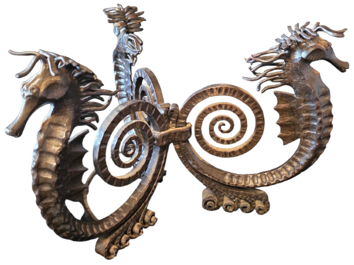 Edgar Brandt Art Deco Hammered Wrought Iron Centerpiece With Seahorses